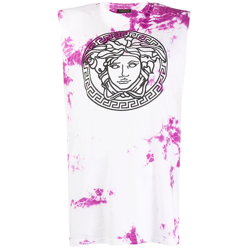 40 NEW $650 VERSACE Magenta White TIE DYE Cotton MEDUSA LOGO Sleeveless TANK TOP
