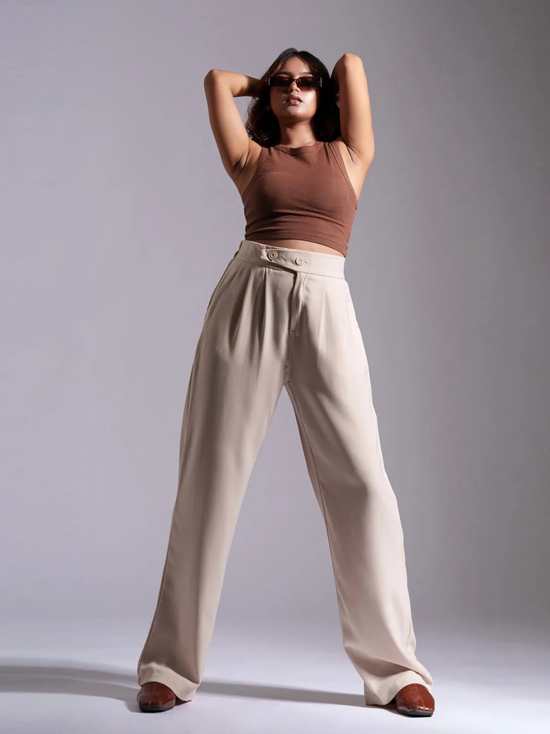 Beige Tailored Pleat Korean Pants