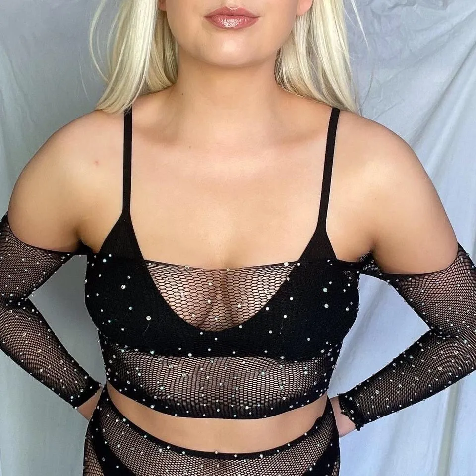 Black Mesh Rhinestone 2 Piece Festival Shorts Set