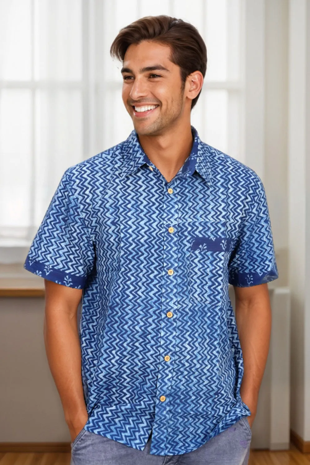 Blue Half Sleeve Indigo Hand Block Print Cotton Shirt 10074395