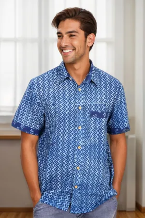Blue Half Sleeve Indigo Hand Block Print Cotton Shirt 10074395