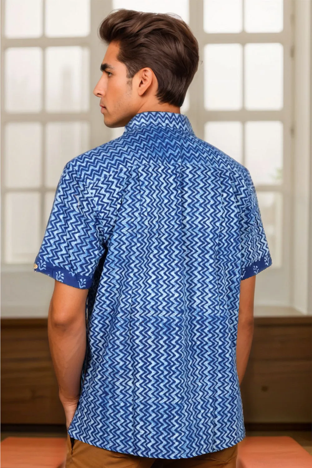 Blue Half Sleeve Indigo Hand Block Print Cotton Shirt 10074395