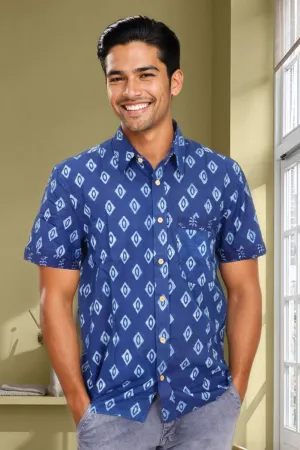 Blue Half Sleeve Indigo Hand Block Print Cotton Shirt 10074407