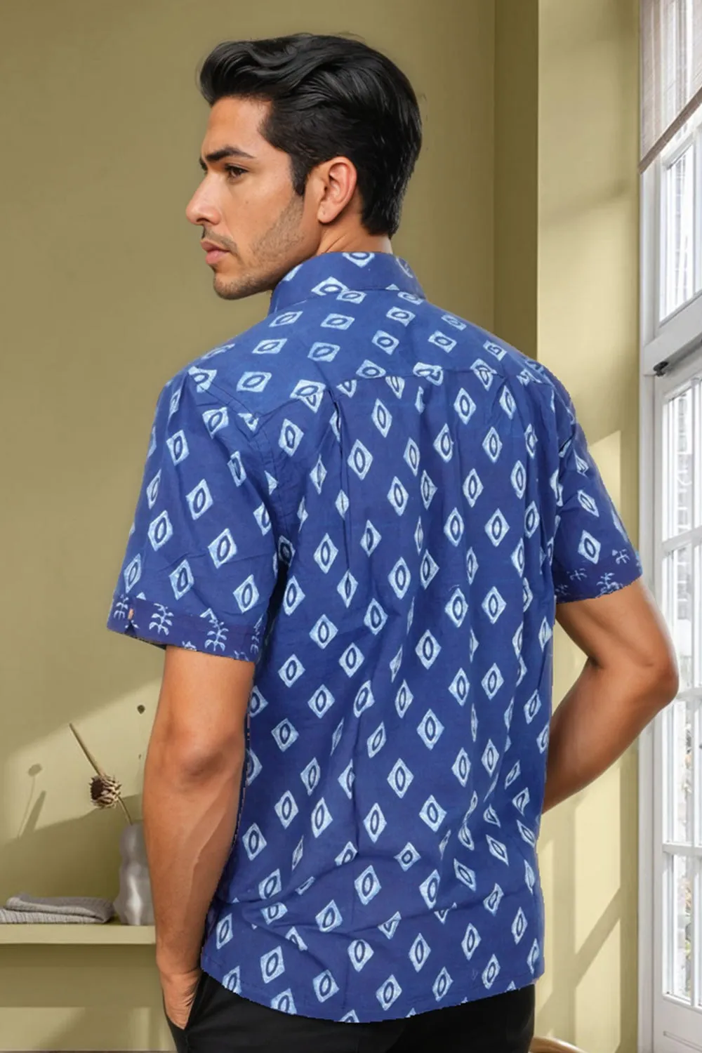 Blue Half Sleeve Indigo Hand Block Print Cotton Shirt 10074407