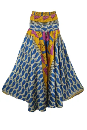Bohemian Navy Blue, Yellow Flowy Pants Handmade Flared Divided Leg Skirt SM
