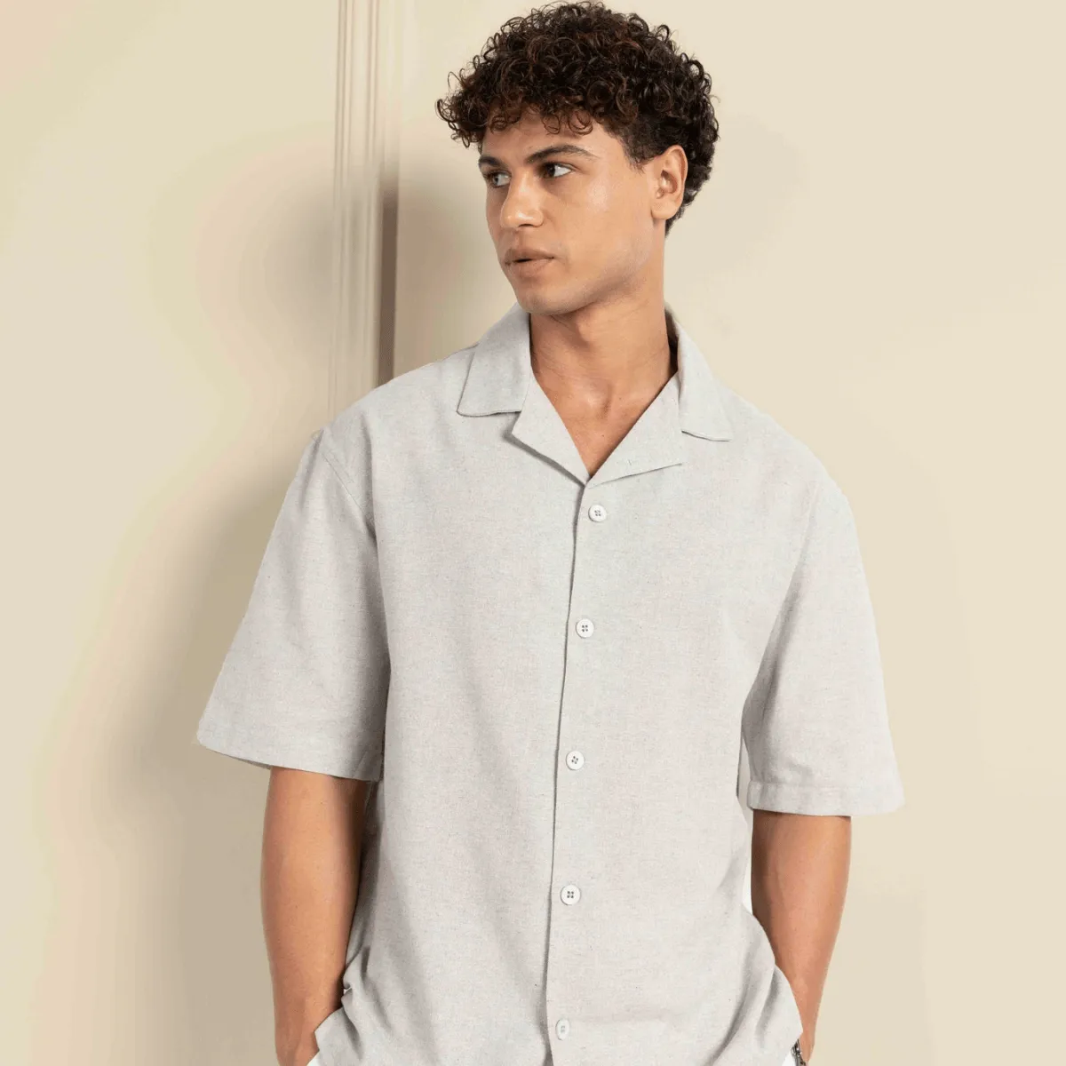Box Fit Cuban Collar Shirt For Men | Melange Grey