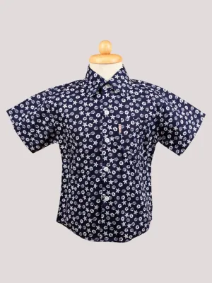 Boys’ Blue Camo Print Shirt with Black Bow Tie – Trendy Short Sleeve Outfit