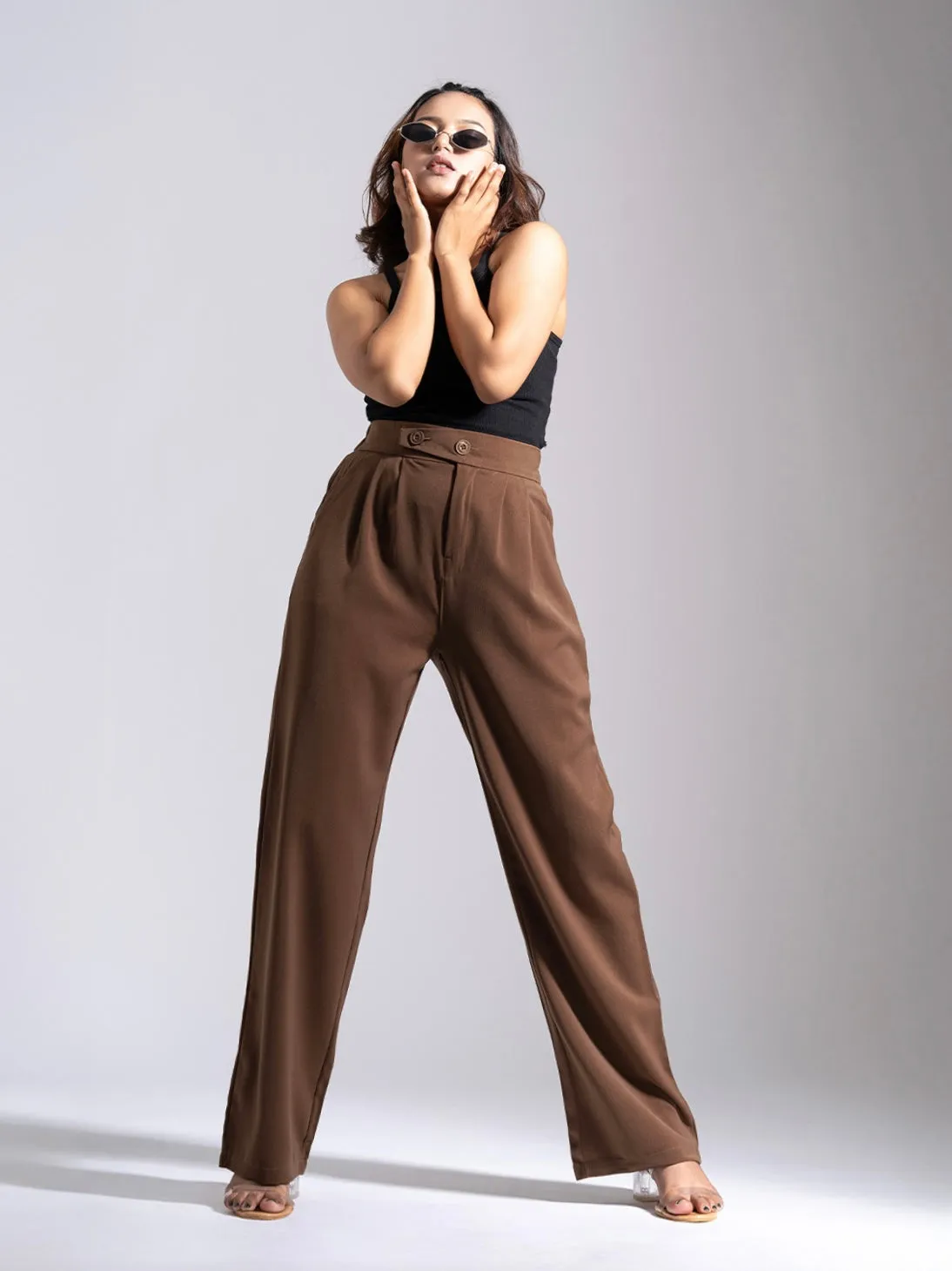 Brown Tailored Pleat Korean Pants