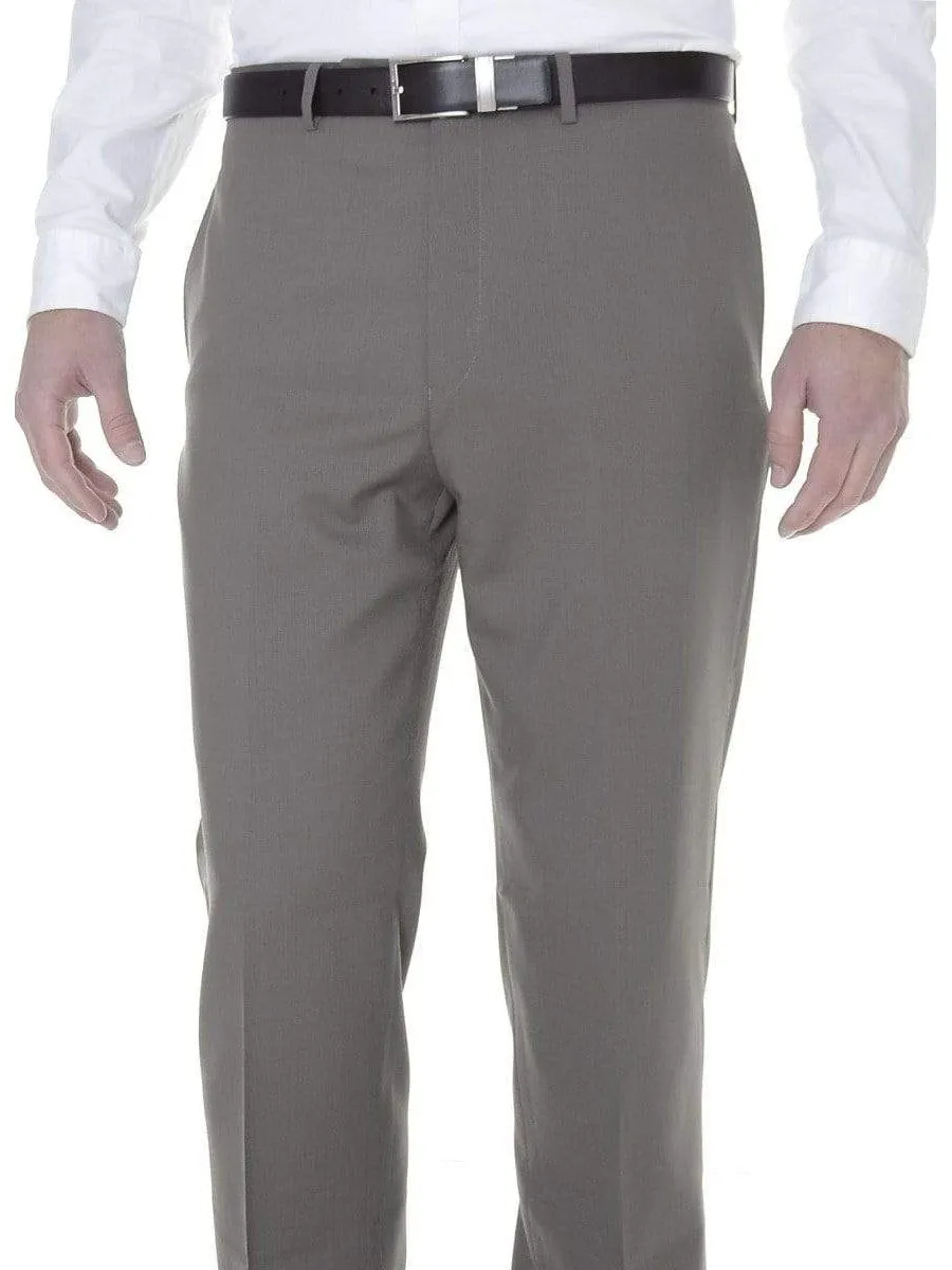 Calvin Klein Mens Slim Fit Taupe Herringbone Flat Front Wool Dress Pants