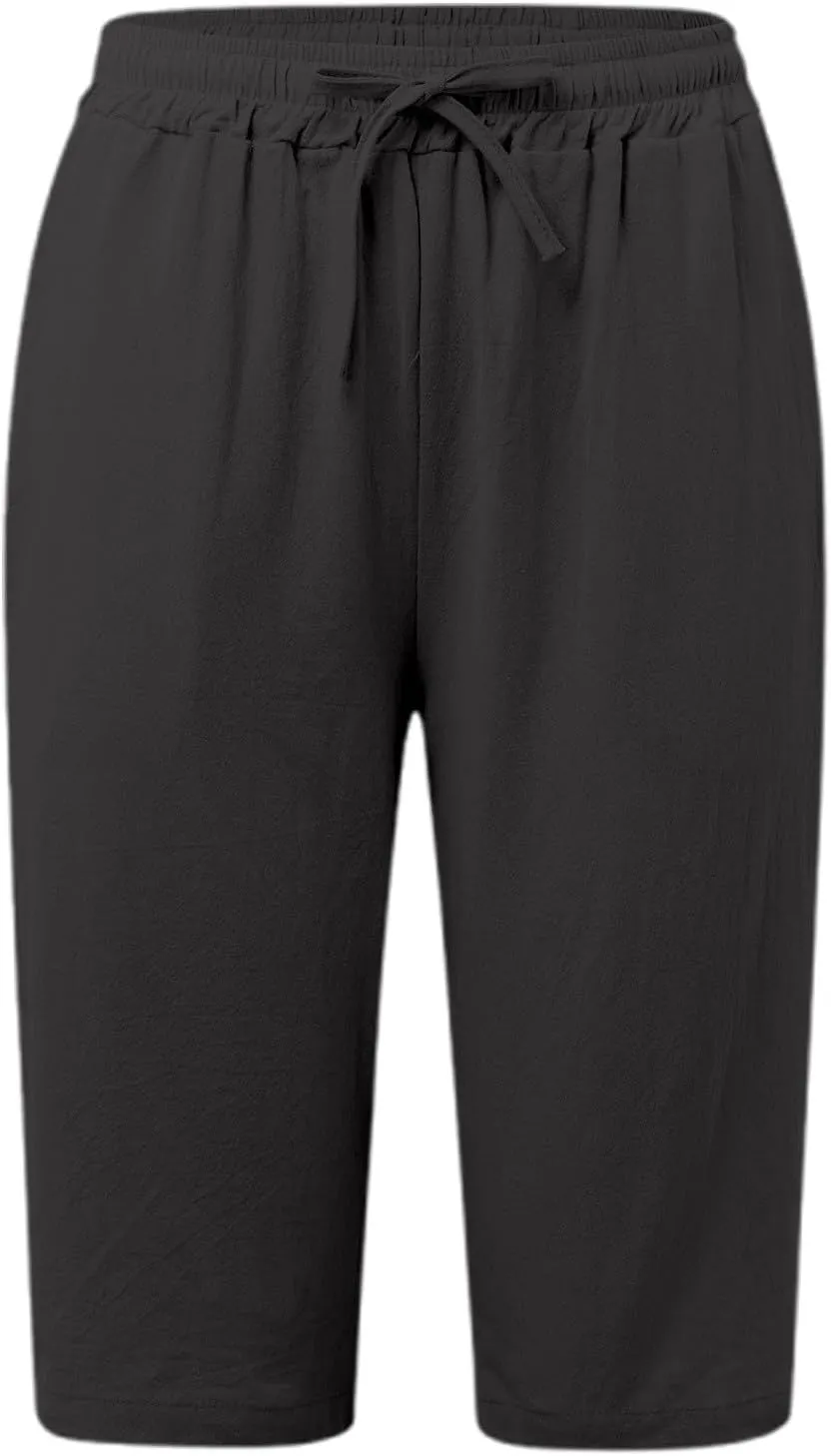 Capri Pants for Women Cotton Linen Capris Drawstring Elastic Waist Side Hollow Out Pants Straight Leg Cropped Trouser