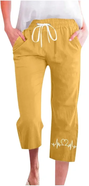 Capris Pants for Women Cotton Linen Casual Summer Straight Leg ECG Print Drawstring Elastic Waist Cropped Trouser