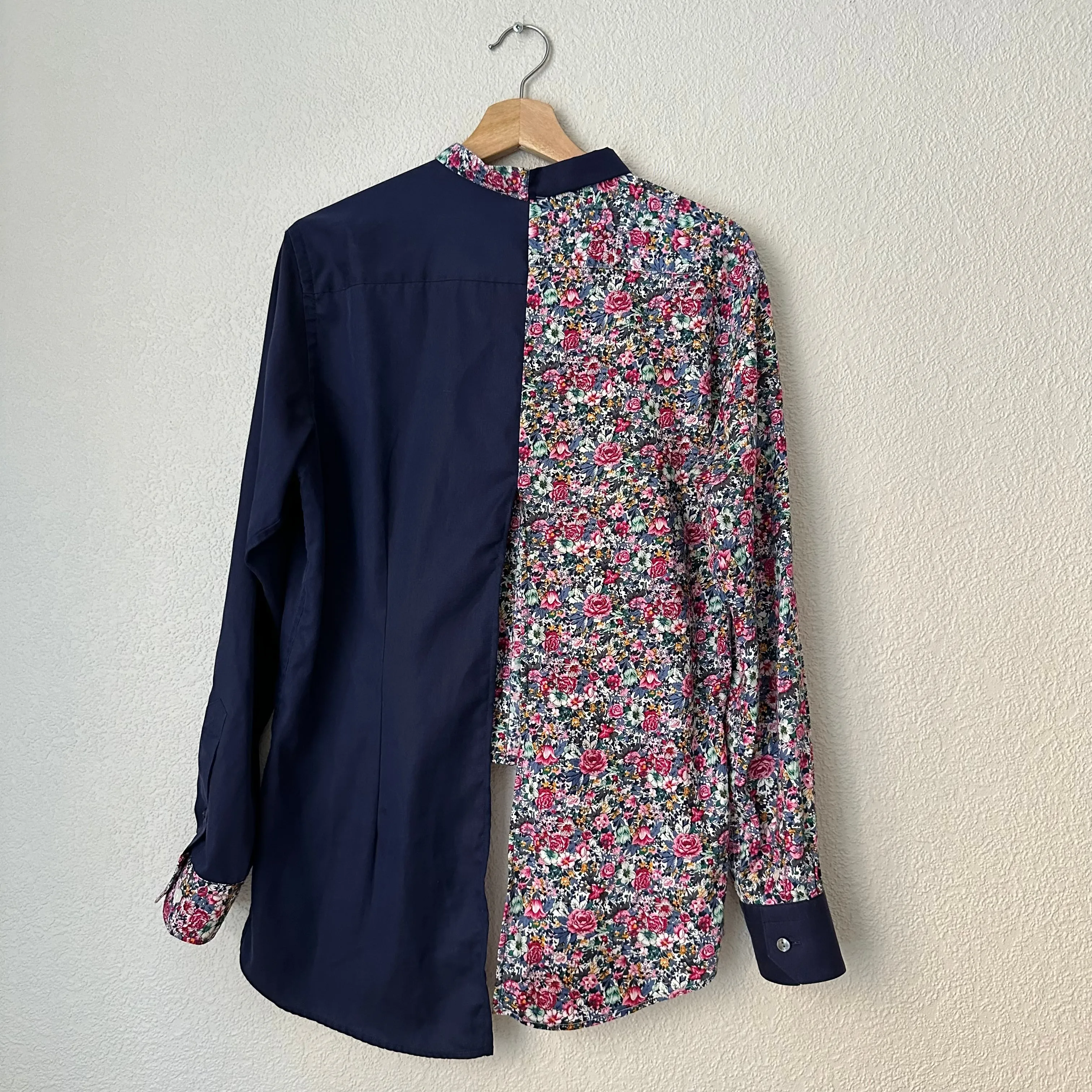 Contrasted Shirt Blue/Pink Flowers - Upcycled Shirt 28 - S-M, Cotton