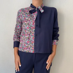Contrasted Shirt Blue/Pink Flowers - Upcycled Shirt 28 - S-M, Cotton