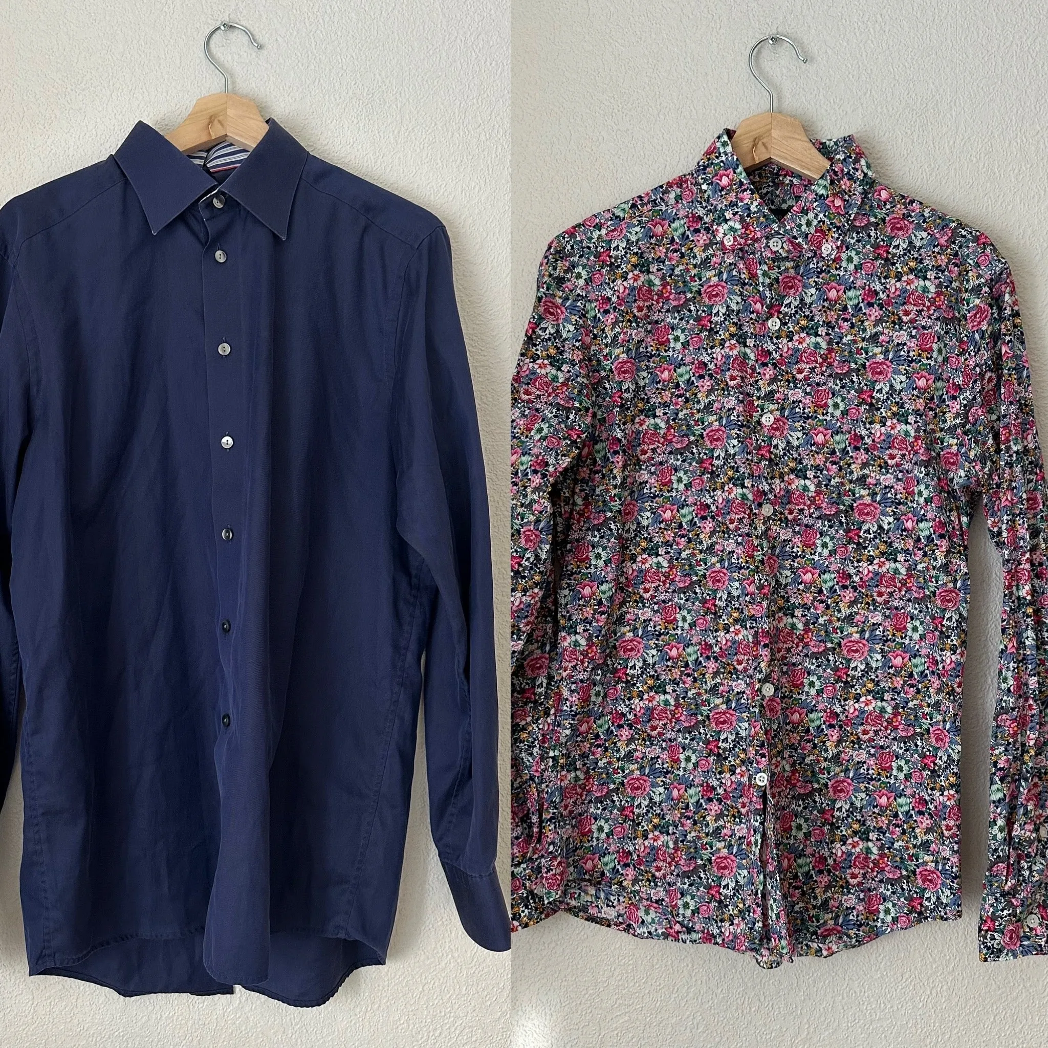 Contrasted Shirt Blue/Pink Flowers - Upcycled Shirt 28 - S-M, Cotton