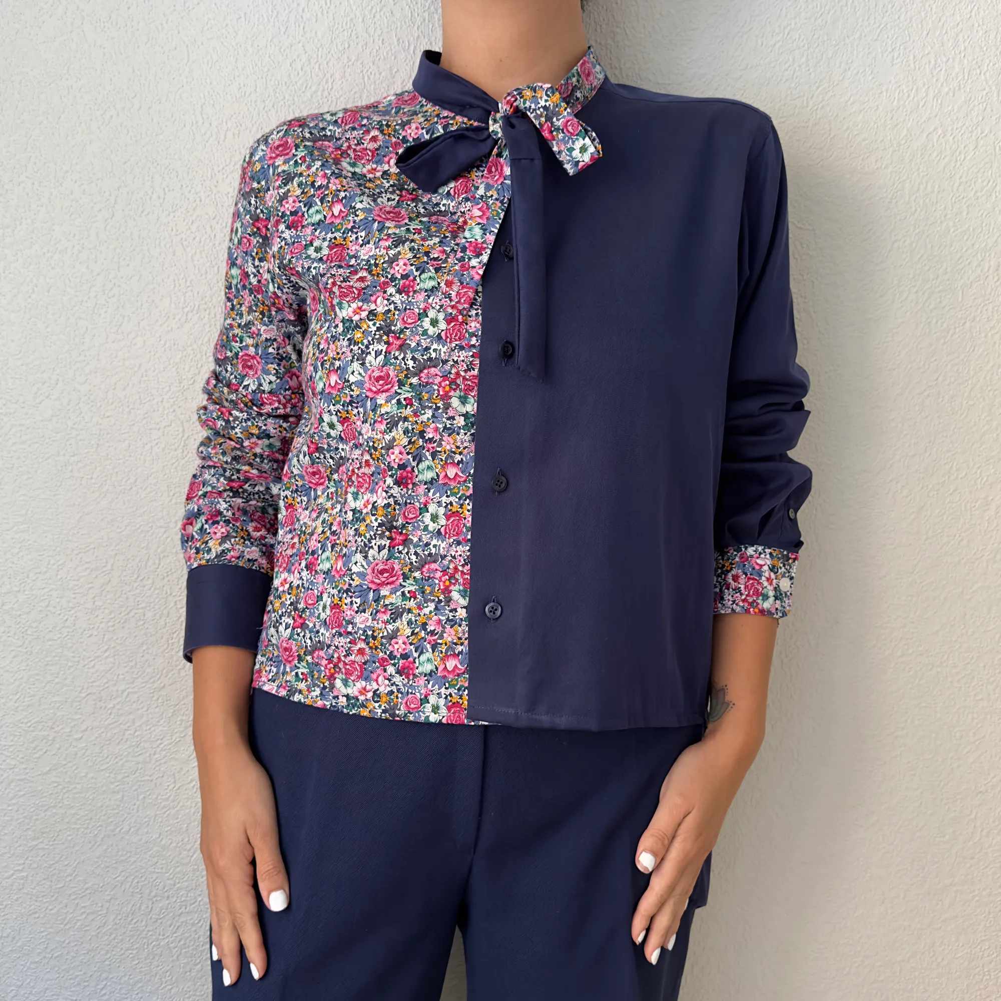 Contrasted Shirt Blue/Pink Flowers - Upcycled Shirt 28 - S-M, Cotton