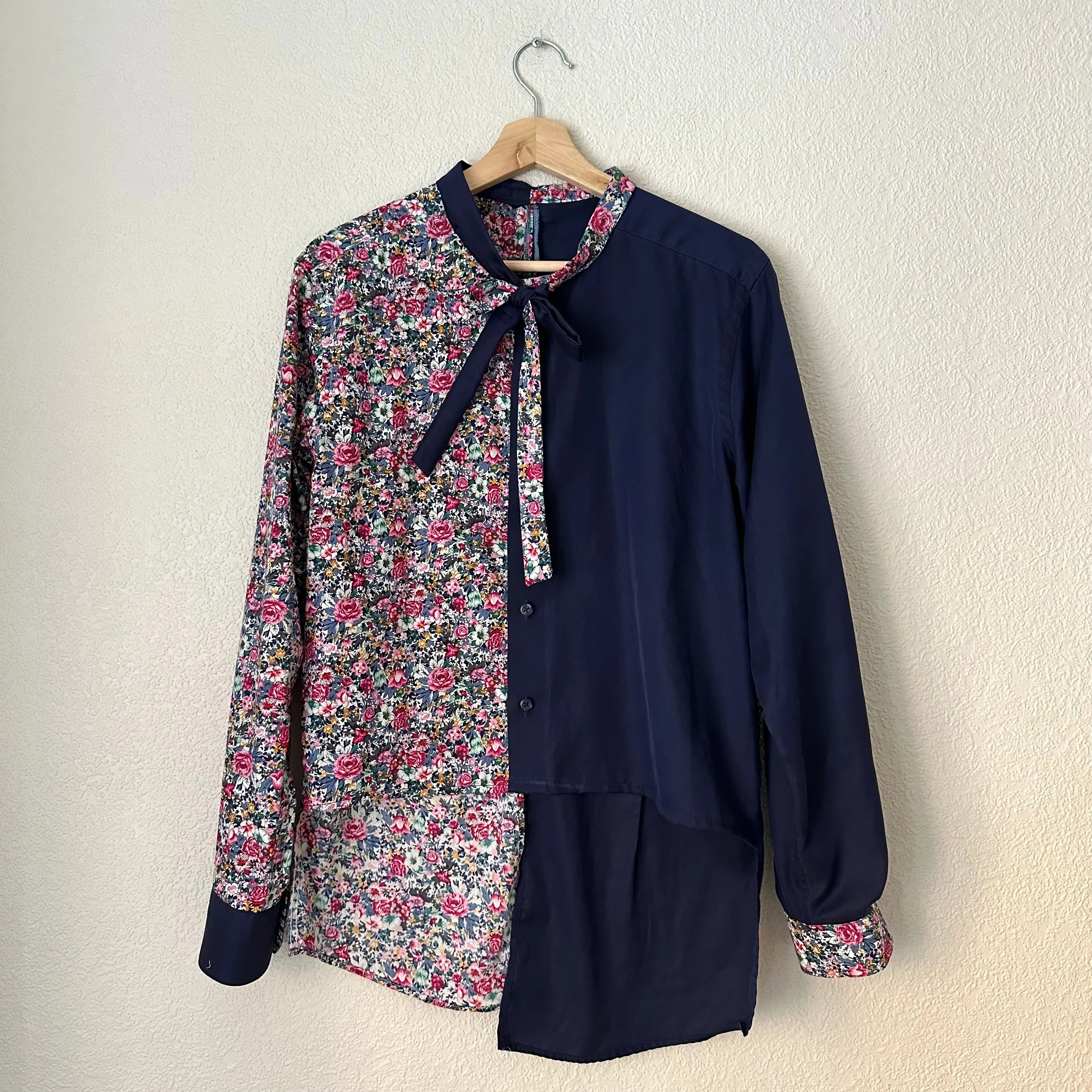 Contrasted Shirt Blue/Pink Flowers - Upcycled Shirt 28 - S-M, Cotton