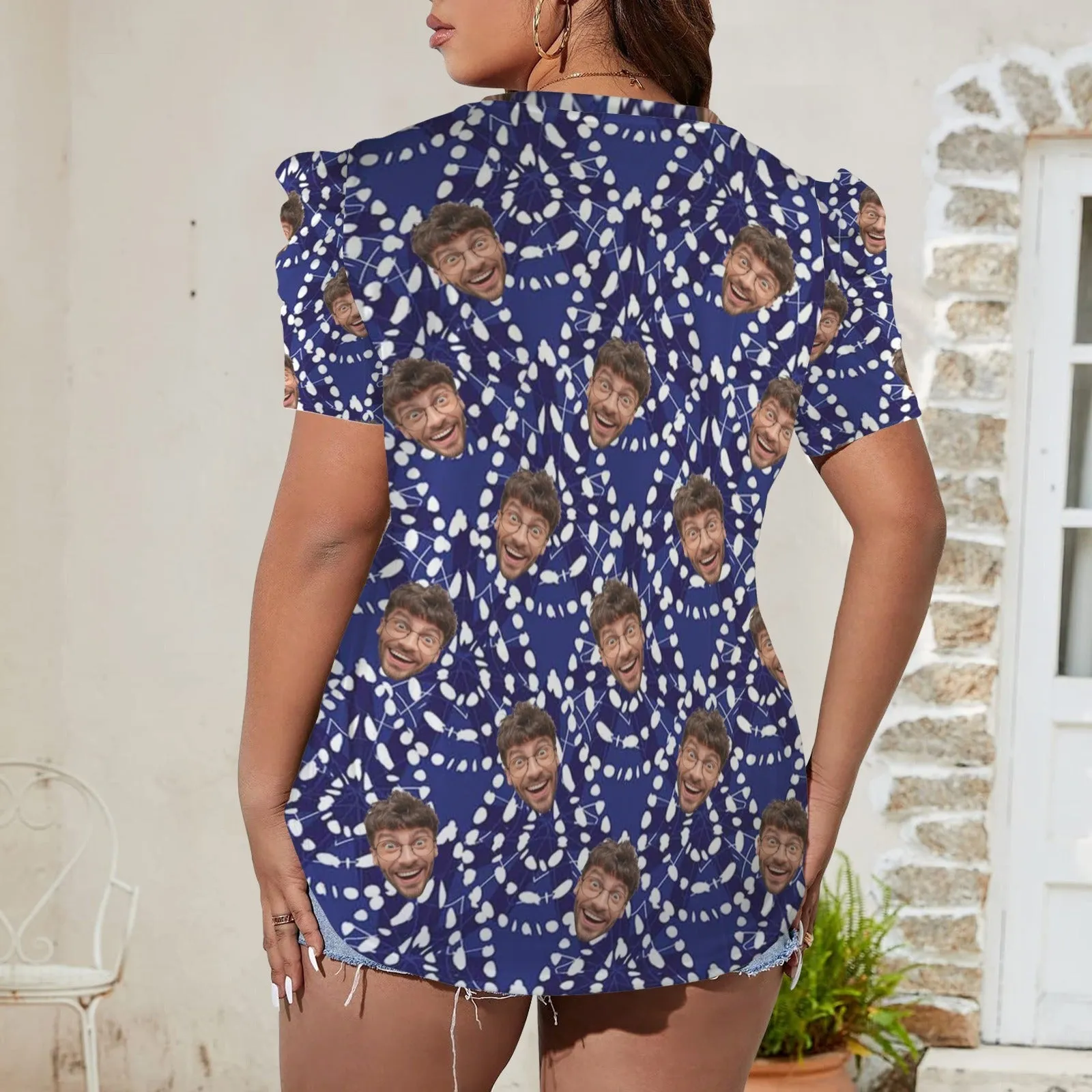 Custom Face Bohemia Women's V-Neck Puff Sleeve T-Shirts Personalized Summer Casual Shirt Tops for Women
