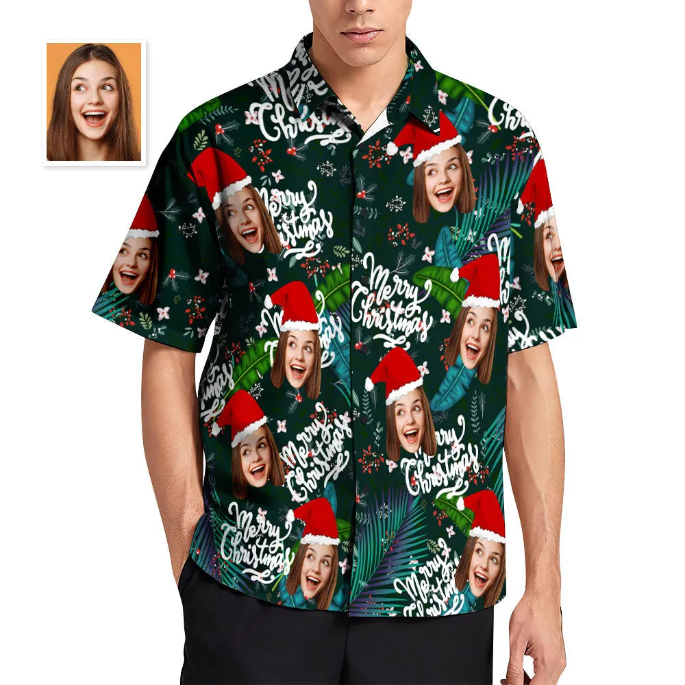 Custom Face Hawaiian Shirts Personalised Photo Gift Men's Christmas Shirts Flower and Leaves