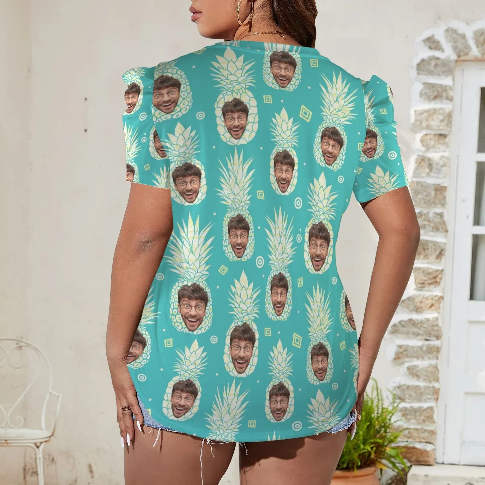 Custom Face Pineapple Women's V-Neck Puff Sleeve T-Shirts Personalized Summer Casual Shirt Tops for Women