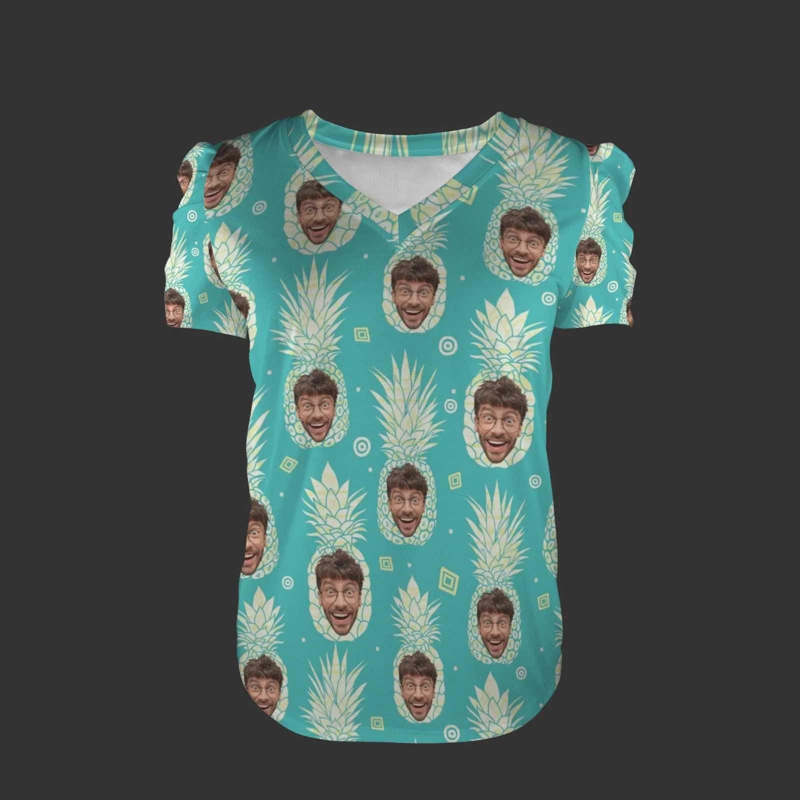 Custom Face Pineapple Women's V-Neck Puff Sleeve T-Shirts Personalized Summer Casual Shirt Tops for Women
