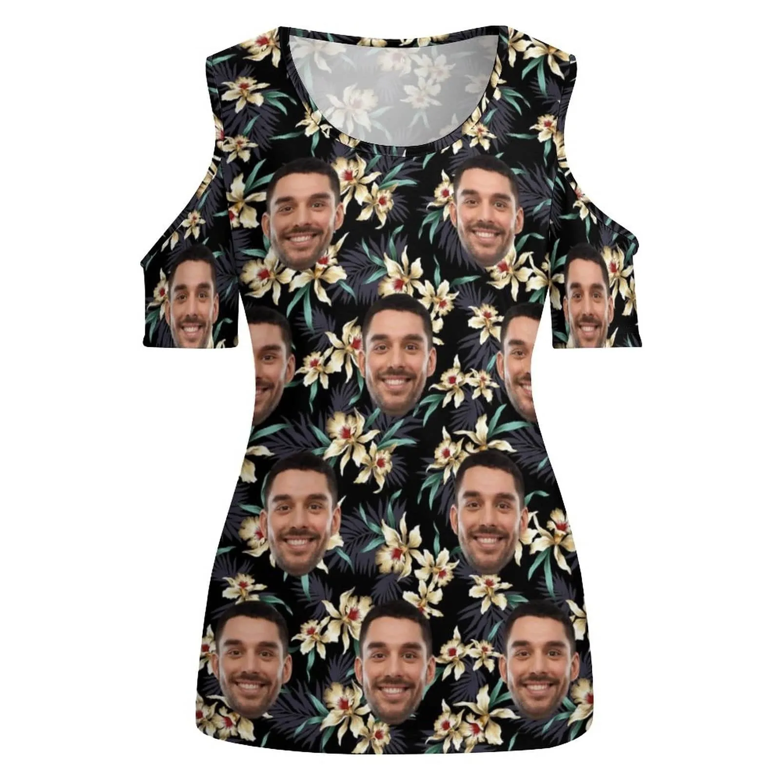Custom Face Shirts Tropical Leaves Off The Shoulder Round Neck Short Sleeve Top Put Your Face on Shirt