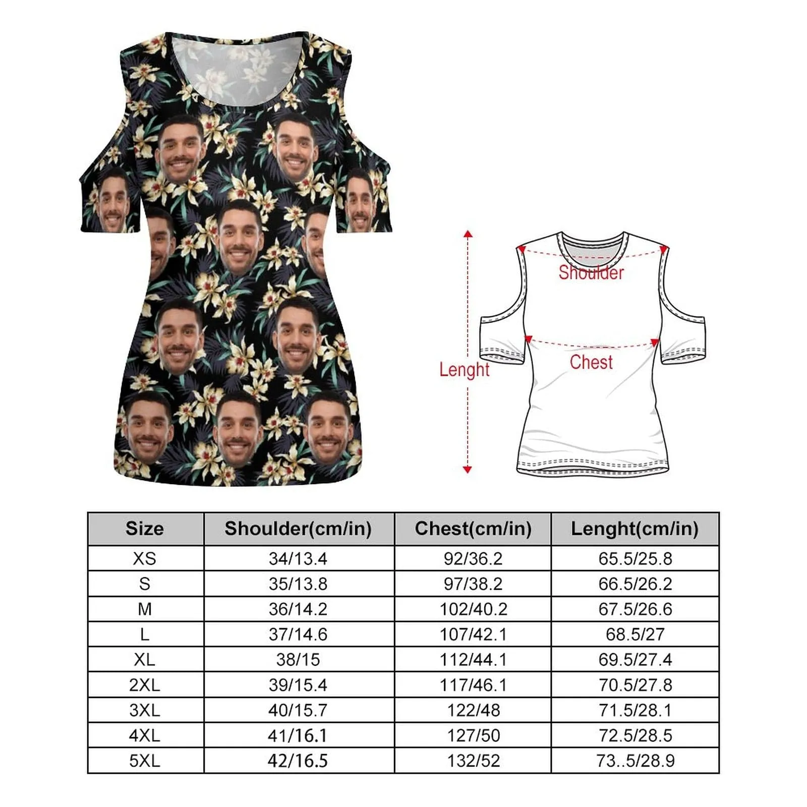Custom Face Shirts Tropical Leaves Off The Shoulder Round Neck Short Sleeve Top Put Your Face on Shirt