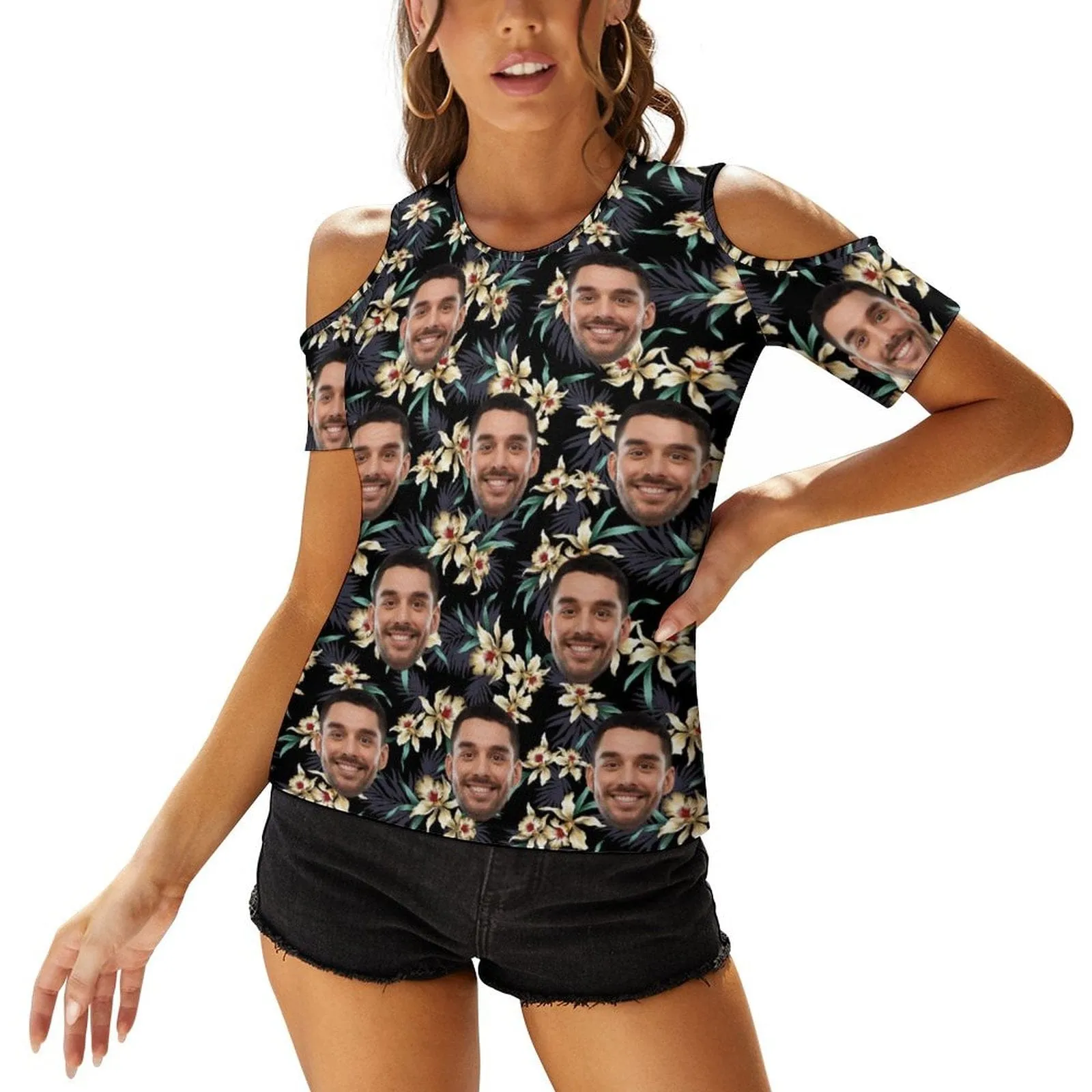 Custom Face Shirts Tropical Leaves Off The Shoulder Round Neck Short Sleeve Top Put Your Face on Shirt