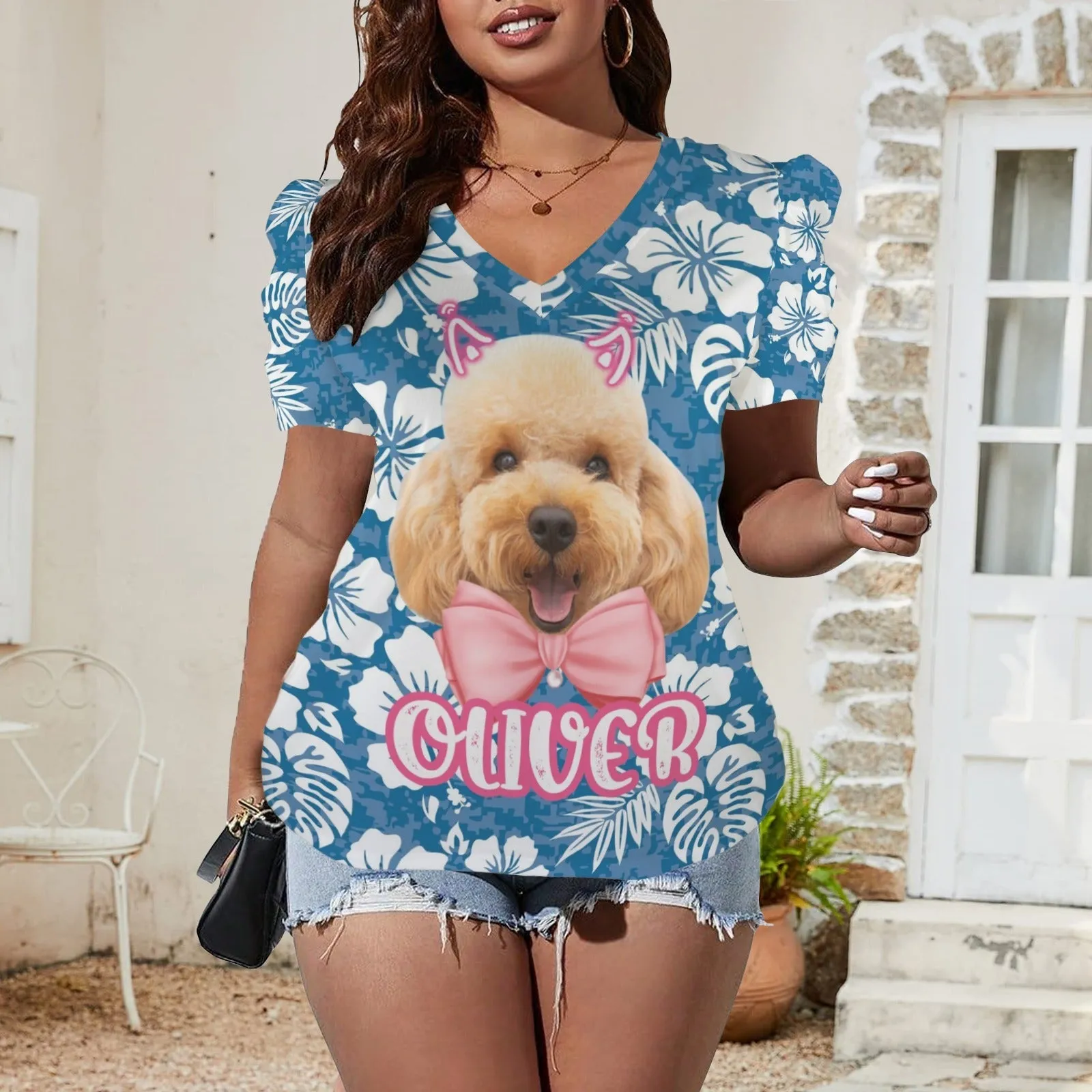 Custom Pet Face&Name Women's V-Neck Puff Sleeve T-Shirts Personalized Summer Casual Shirt Tops for Women