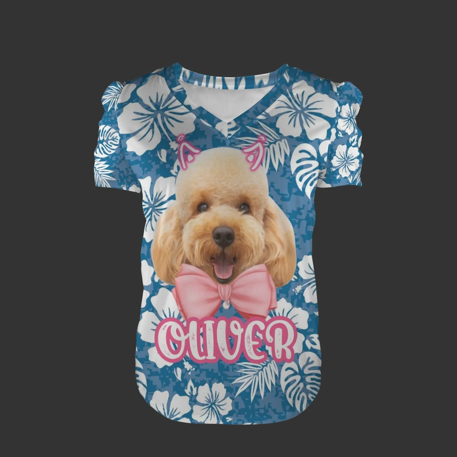 Custom Pet Face&Name Women's V-Neck Puff Sleeve T-Shirts Personalized Summer Casual Shirt Tops for Women