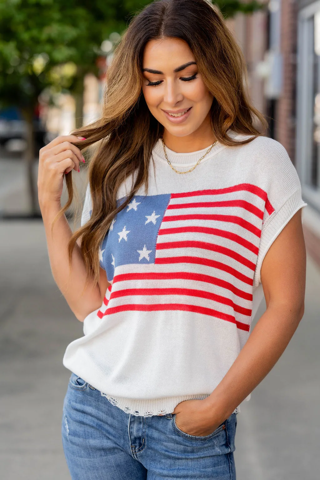 Distressed American Flag Short Sleeve Sweater