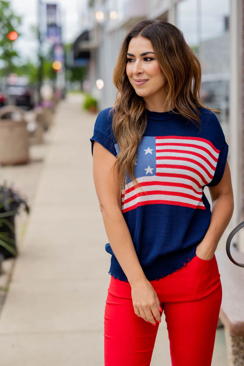 Distressed American Flag Short Sleeve Sweater