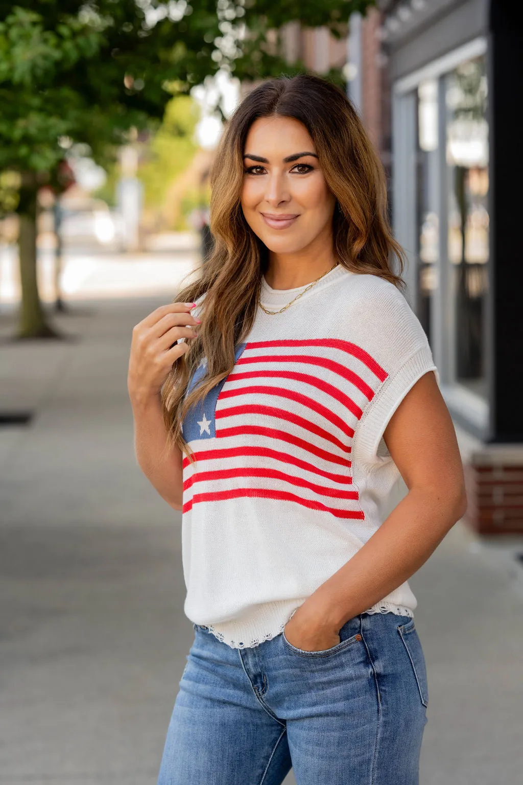 Distressed American Flag Short Sleeve Sweater