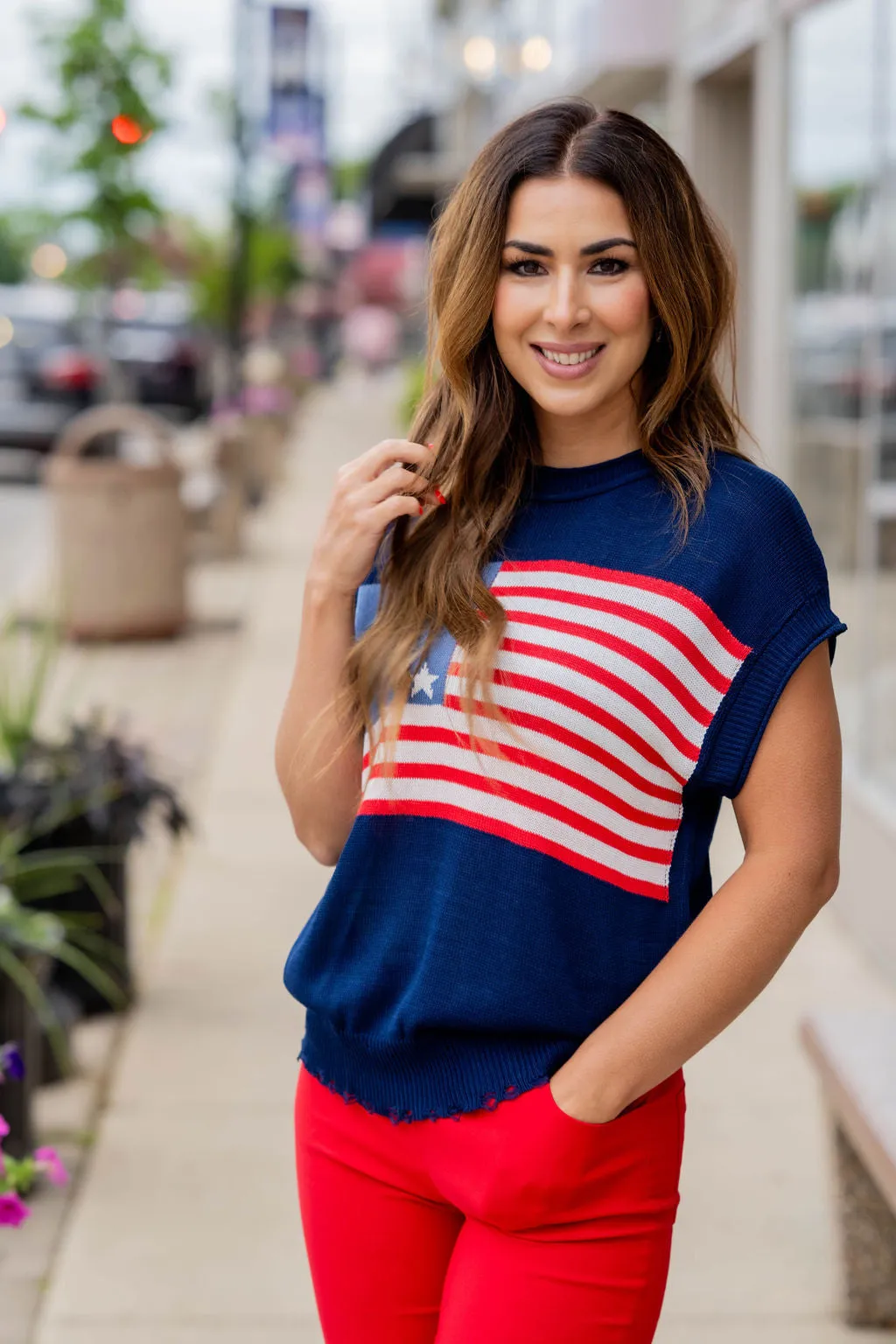 Distressed American Flag Short Sleeve Sweater