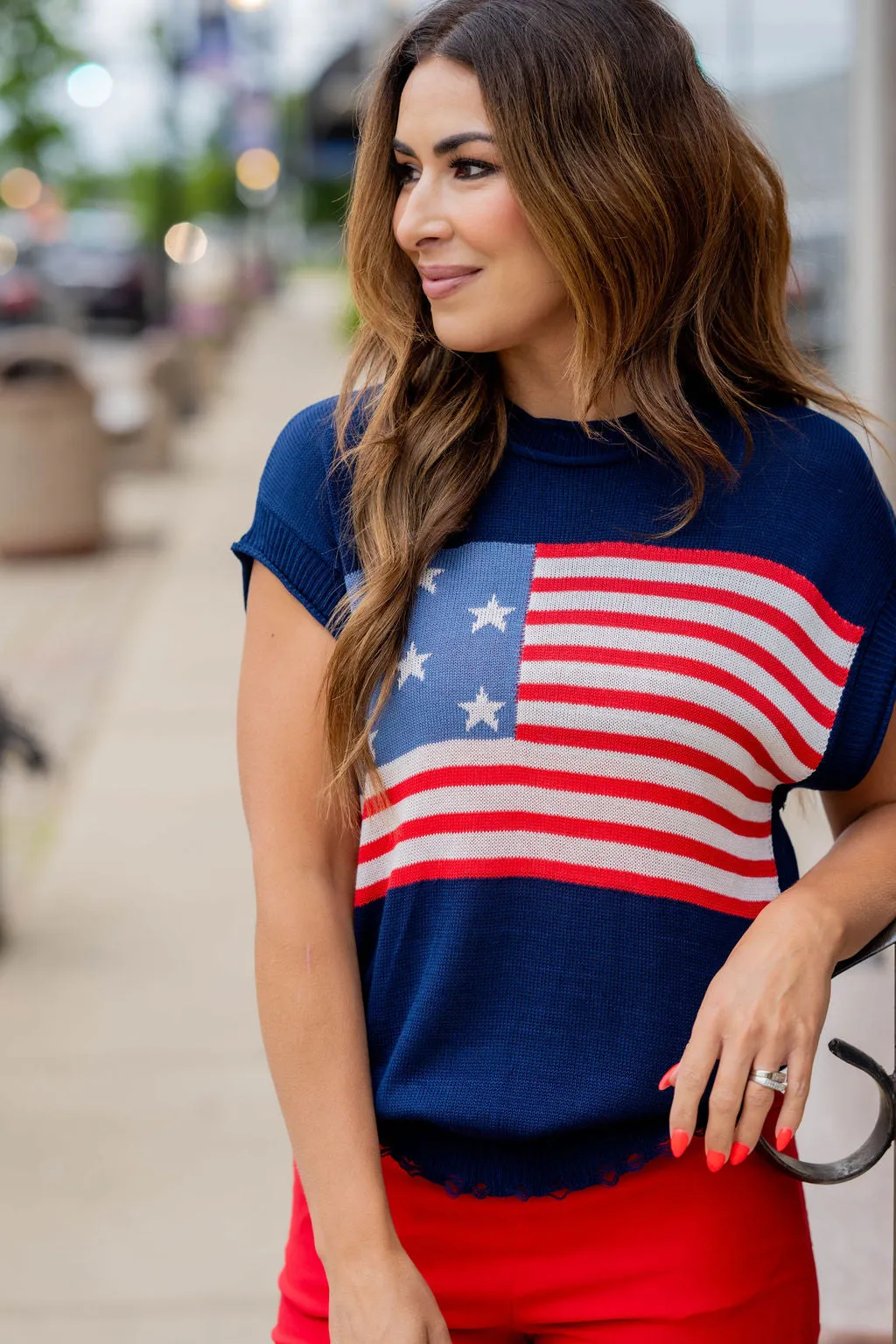 Distressed American Flag Short Sleeve Sweater