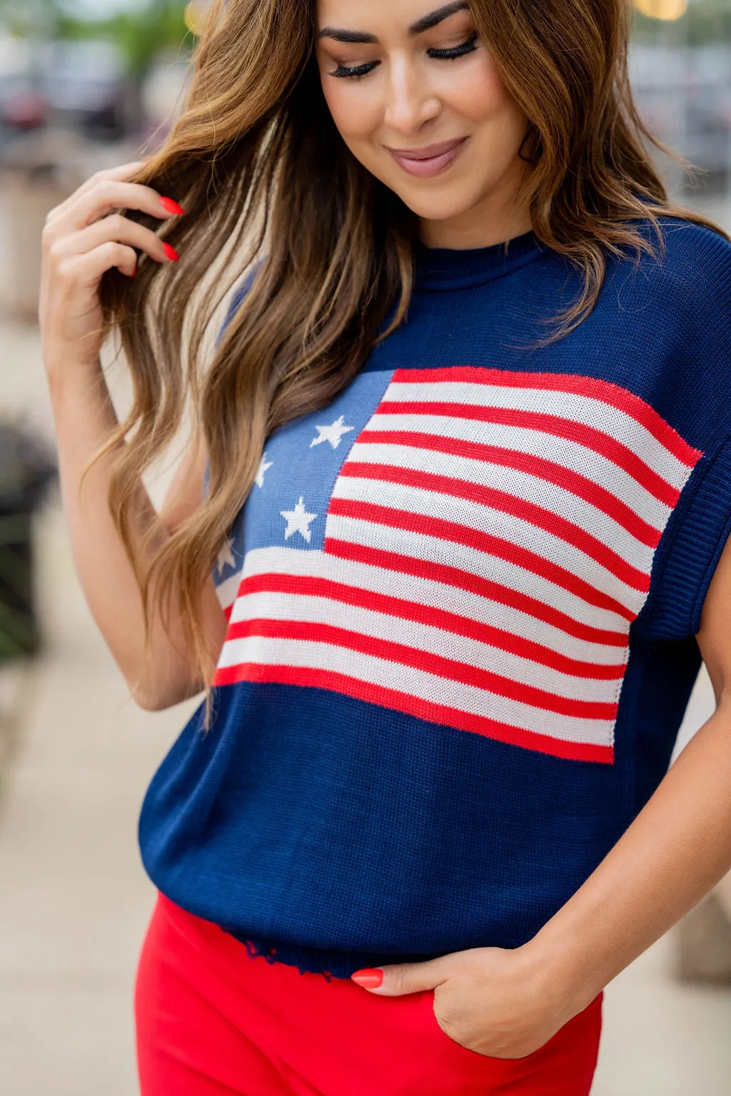 Distressed American Flag Short Sleeve Sweater