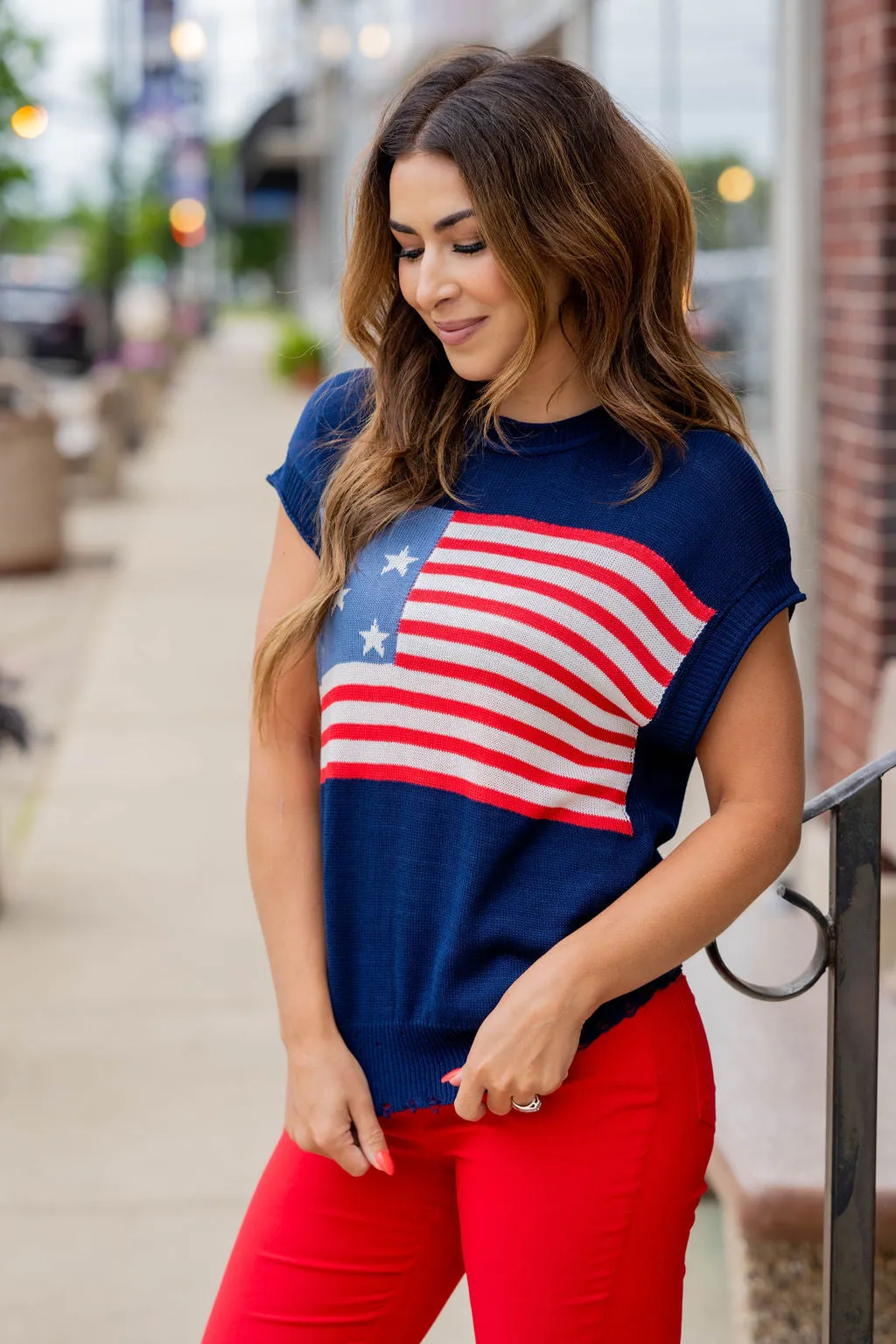 Distressed American Flag Short Sleeve Sweater