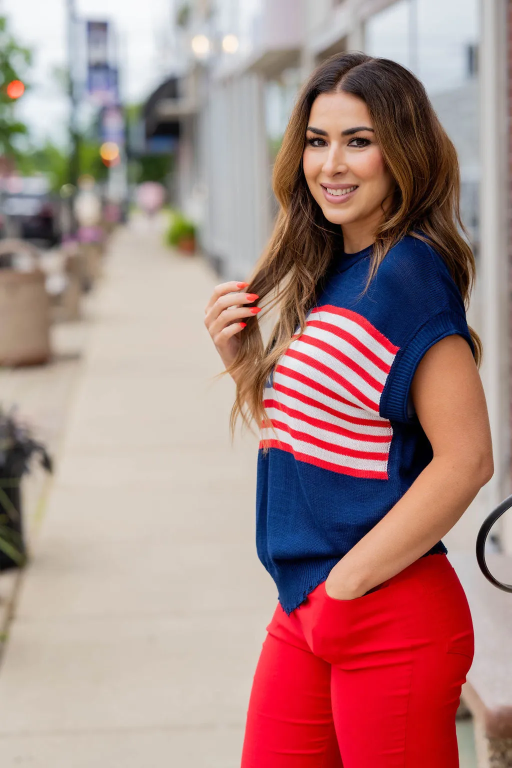 Distressed American Flag Short Sleeve Sweater