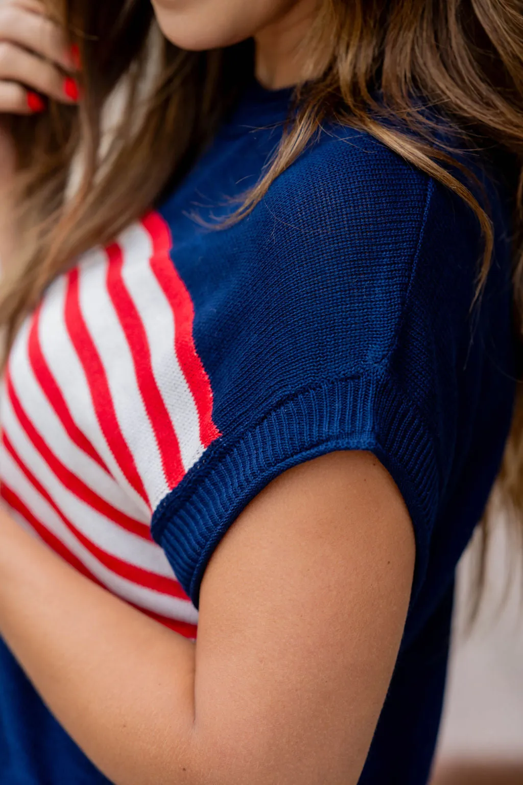 Distressed American Flag Short Sleeve Sweater