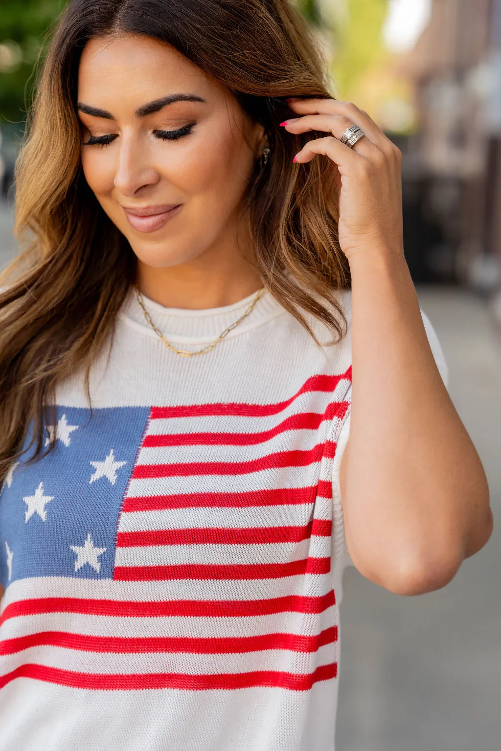Distressed American Flag Short Sleeve Sweater