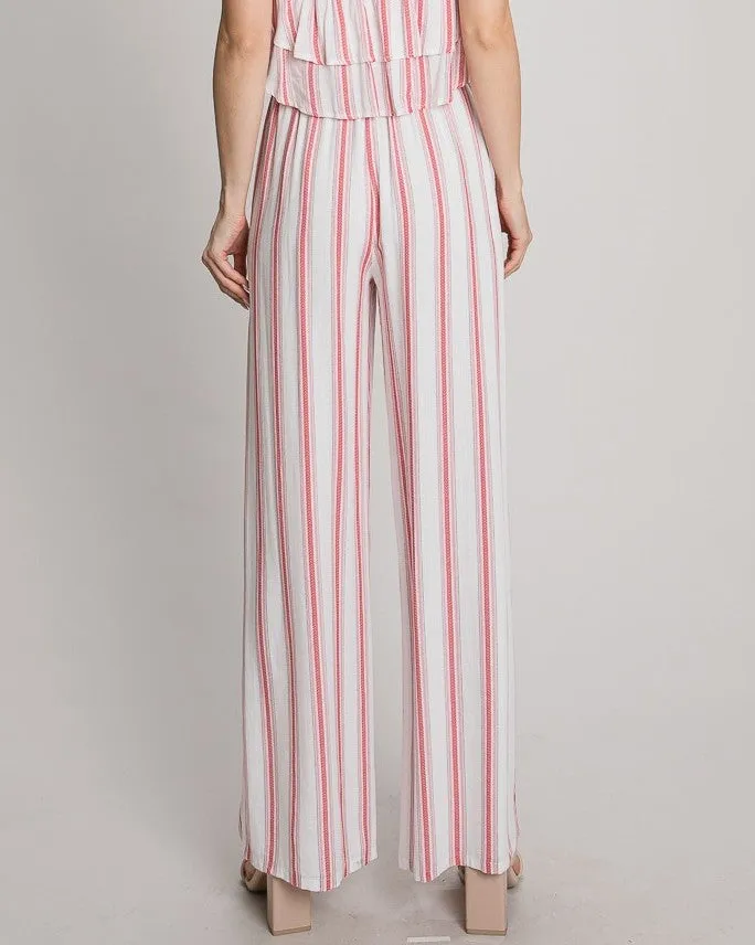 Drawstring Elastic Waist Linen Pants - White/Red Stripe