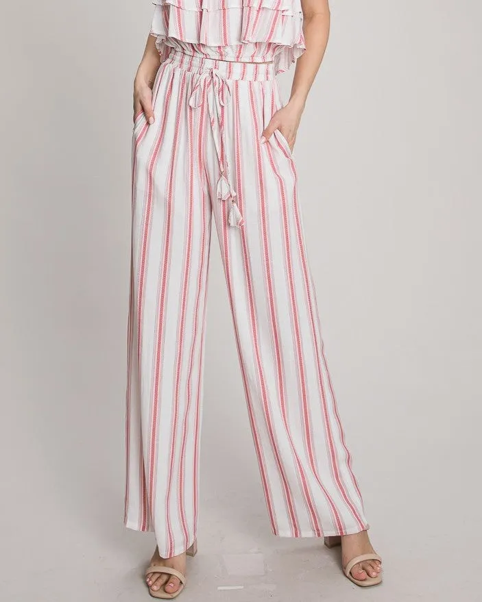 Drawstring Elastic Waist Linen Pants - White/Red Stripe