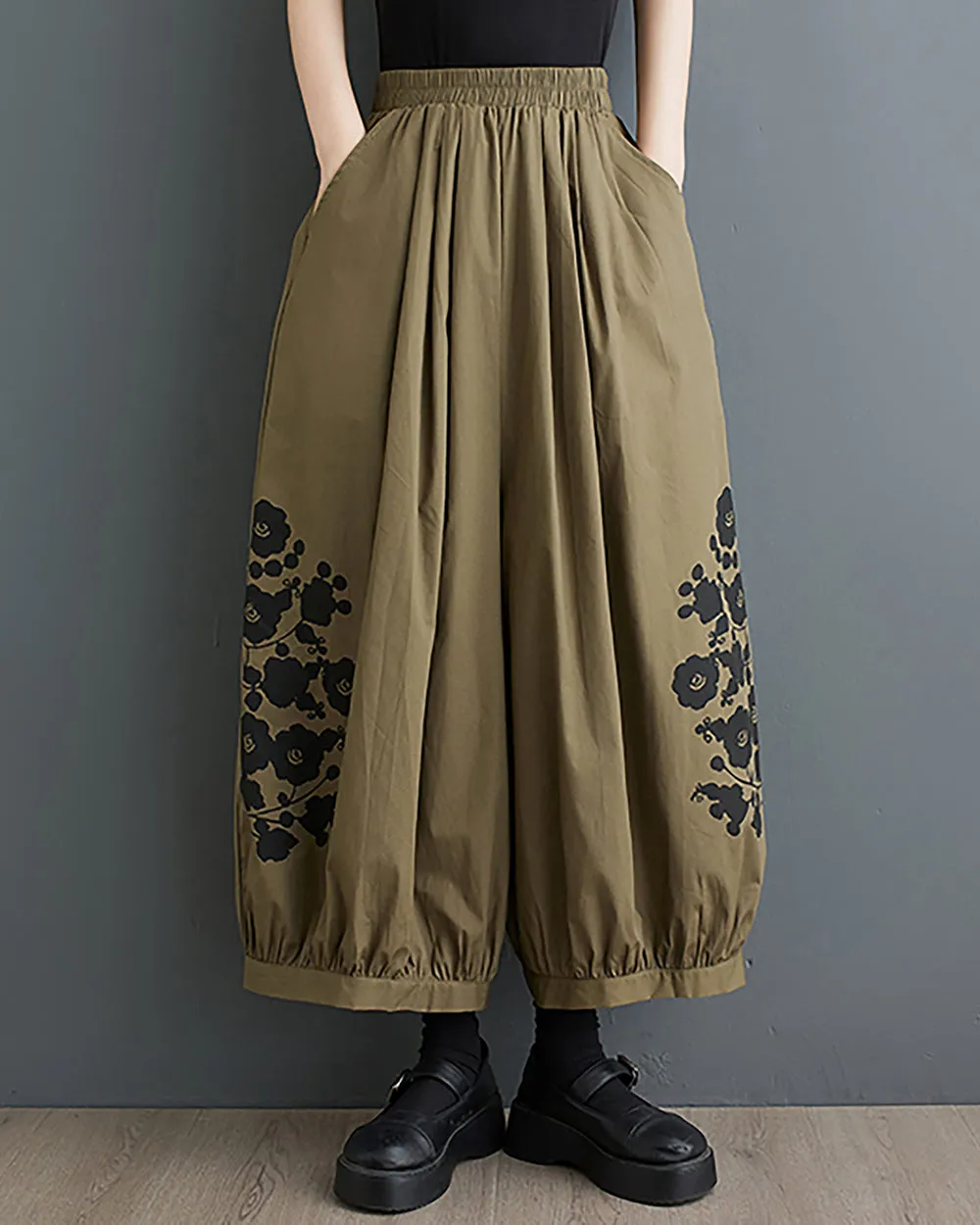 ellazhu Women's Harem Pants Oversize Loose Baggy Wide Legs Solid Color Flowers Print Pockets Summer GZ223 Black