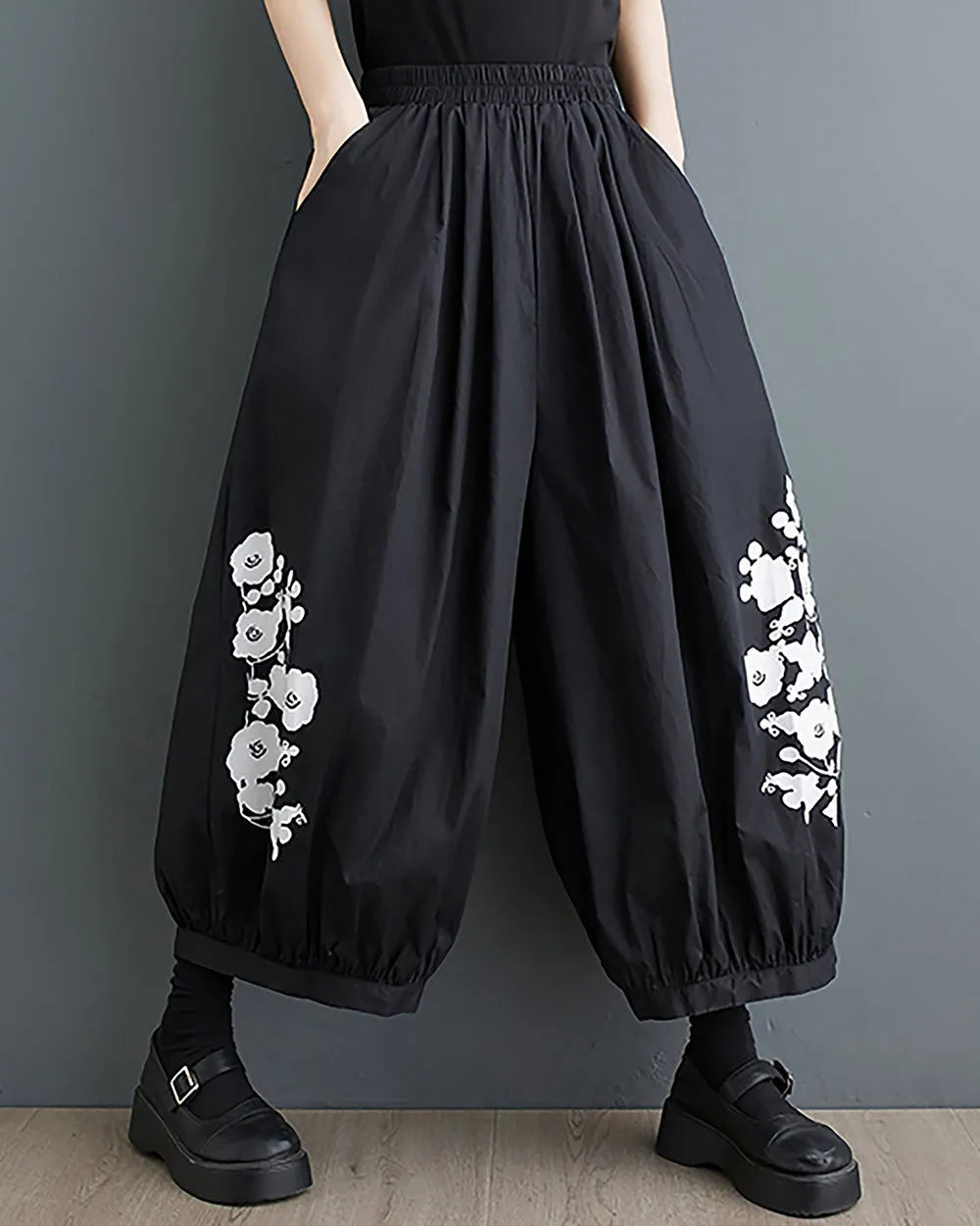 ellazhu Women's Harem Pants Oversize Loose Baggy Wide Legs Solid Color Flowers Print Pockets Summer GZ223 Black