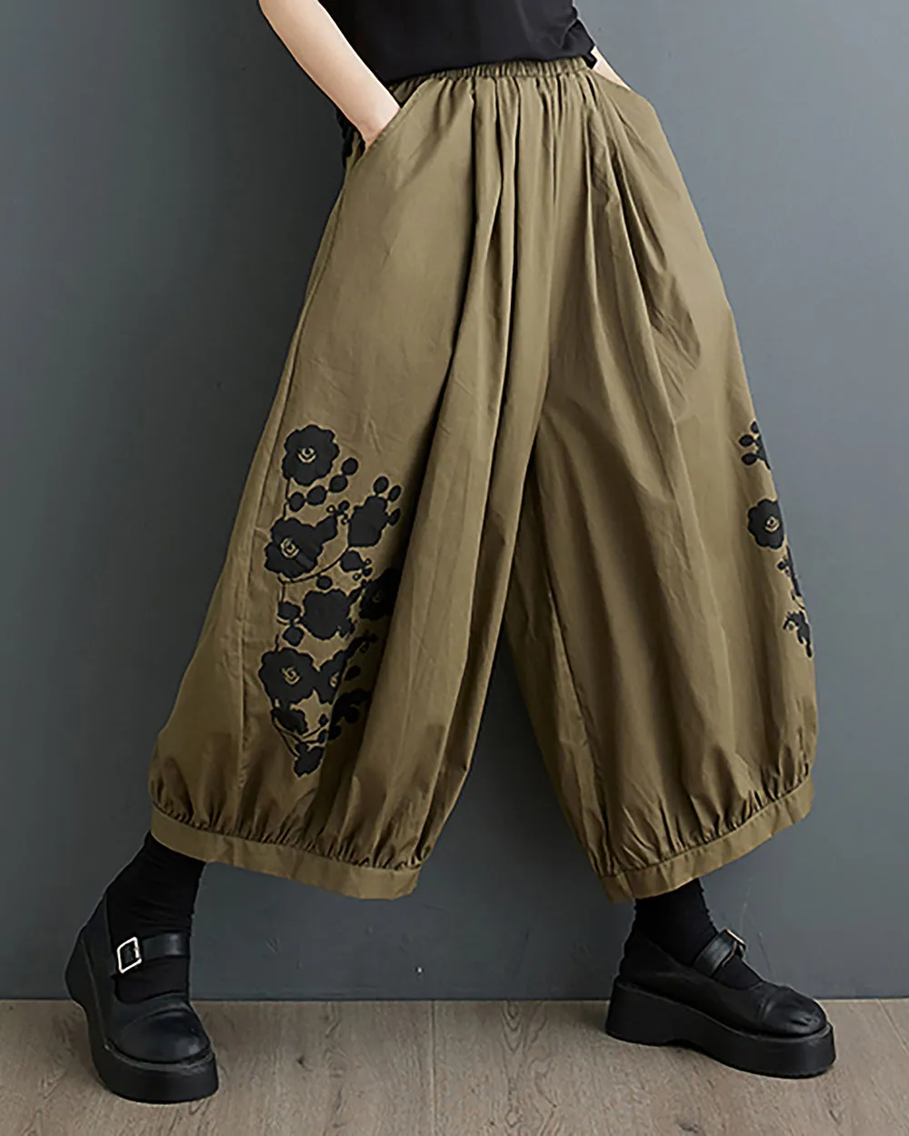 ellazhu Women's Harem Pants Oversize Loose Baggy Wide Legs Solid Color Flowers Print Pockets Summer GZ223 Black