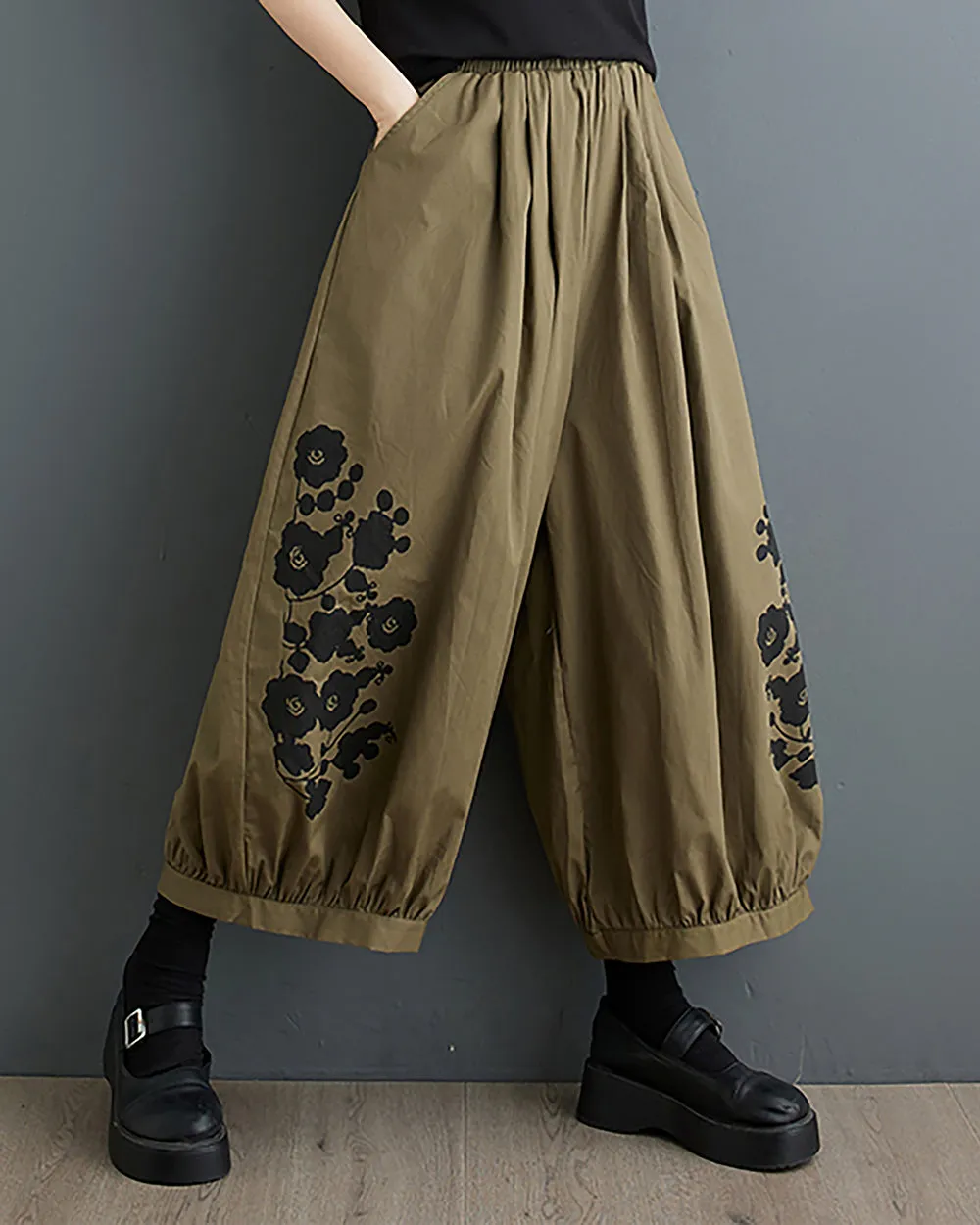 ellazhu Women's Harem Pants Oversize Loose Baggy Wide Legs Solid Color Flowers Print Pockets Summer GZ223 Black