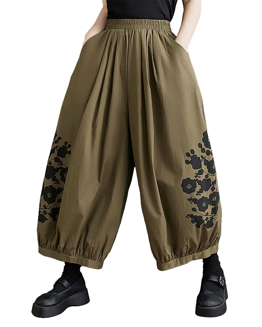 ellazhu Women's Harem Pants Oversize Loose Baggy Wide Legs Solid Color Flowers Print Pockets Summer GZ223 Black