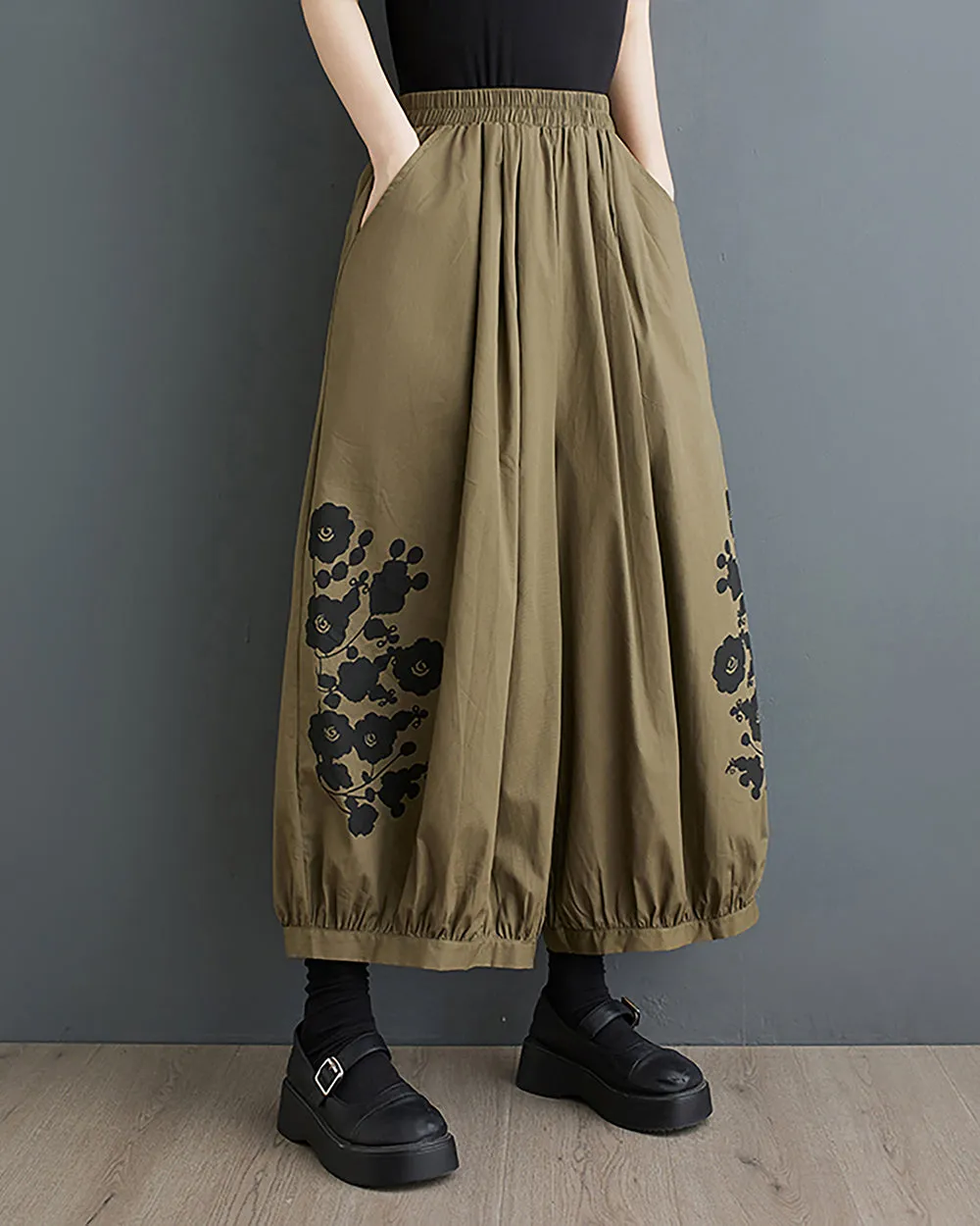 ellazhu Women's Harem Pants Oversize Loose Baggy Wide Legs Solid Color Flowers Print Pockets Summer GZ223 Black