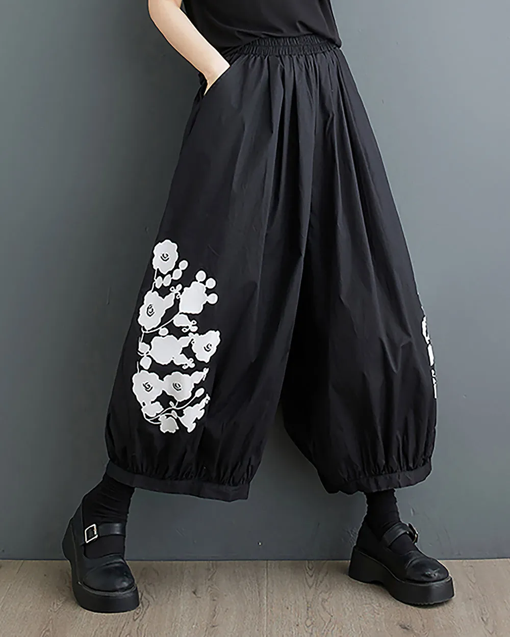 ellazhu Women's Harem Pants Oversize Loose Baggy Wide Legs Solid Color Flowers Print Pockets Summer GZ223 Black
