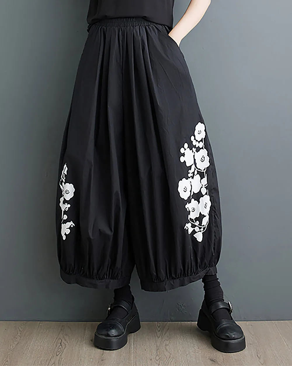 ellazhu Women's Harem Pants Oversize Loose Baggy Wide Legs Solid Color Flowers Print Pockets Summer GZ223 Black