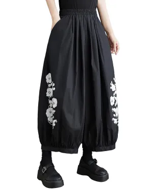 ellazhu Women's Harem Pants Oversize Loose Baggy Wide Legs Solid Color Flowers Print Pockets Summer GZ223 Black